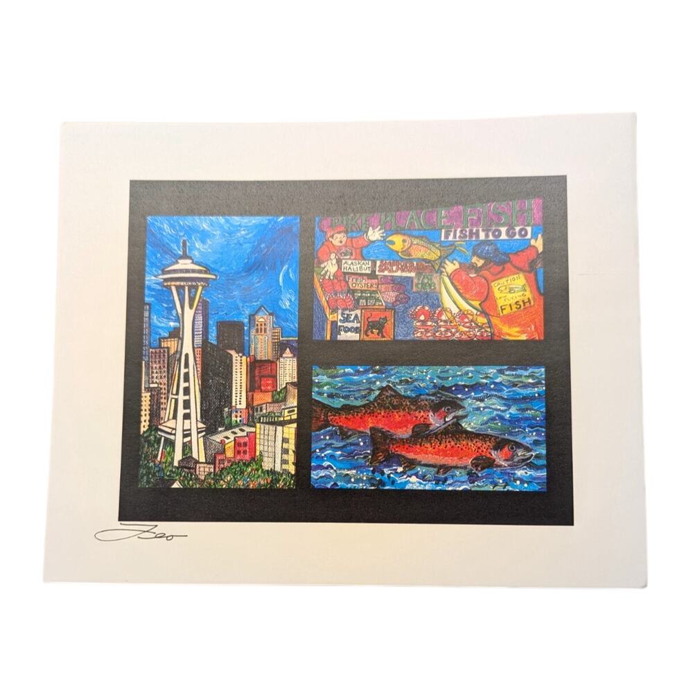 Pike Place Fish Seattle Space Needle Print 10 x 8.25" Signed Leone Ardo